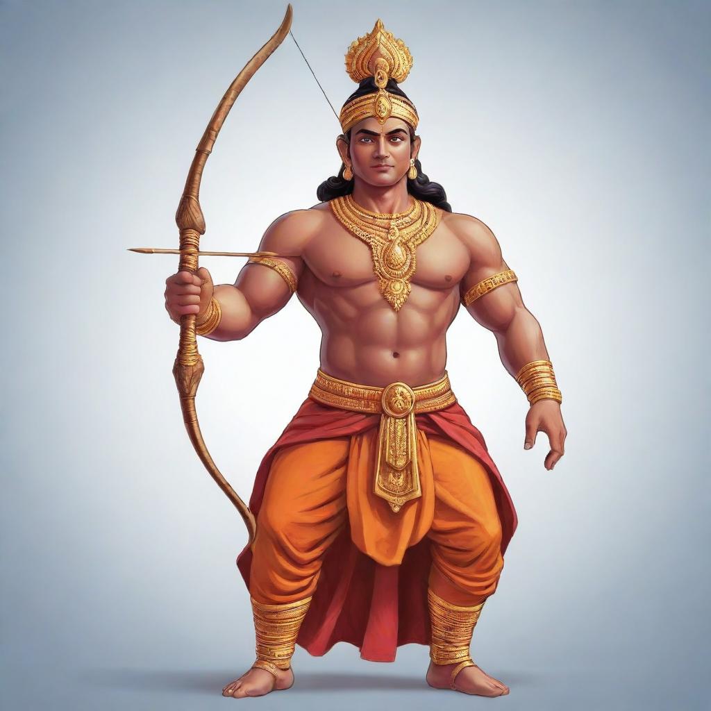 An animated illustration of Lord Ram suitable for a t-shirt design, emphasizing details in his outfit, bow and arrows