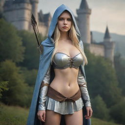 medieval hooded beatifull, bigb boobs, sexy full body, blonde elf girl, 23 years old, front with arrows and bow in hand, front with castle and forest background charmOfTheRealm, realistic hd, high detailed,