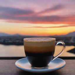 An elegantly crafted cup of coffee in the foreground with the mesmerizing colors of a sunset in the background.