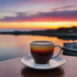 An elegantly crafted cup of coffee in the foreground with the mesmerizing colors of a sunset in the background.