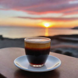 An elegantly crafted cup of coffee in the foreground with the mesmerizing colors of a sunset in the background.