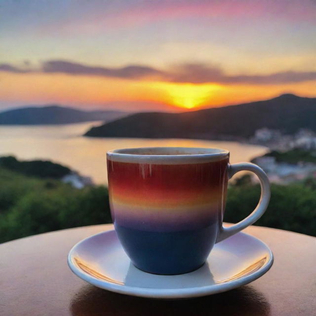 An elegantly crafted cup of coffee in the foreground with the mesmerizing colors of a sunset in the background.