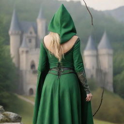 medieval hooded beatifull, bigb boobs, sexy full body, blonde elf girl, 23 years old, with arrows and bow his back, green clothes ,front with castle and forest background charmOfTheRealm, realistic hd, high detailed,