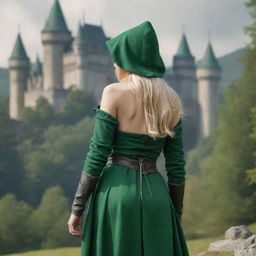 medieval hooded beatifull, bigb boobs, sexy full body, blonde elf girl, 23 years old, with arrows and bow his back, green clothes ,front with castle and forest background charmOfTheRealm, realistic hd, high detailed,