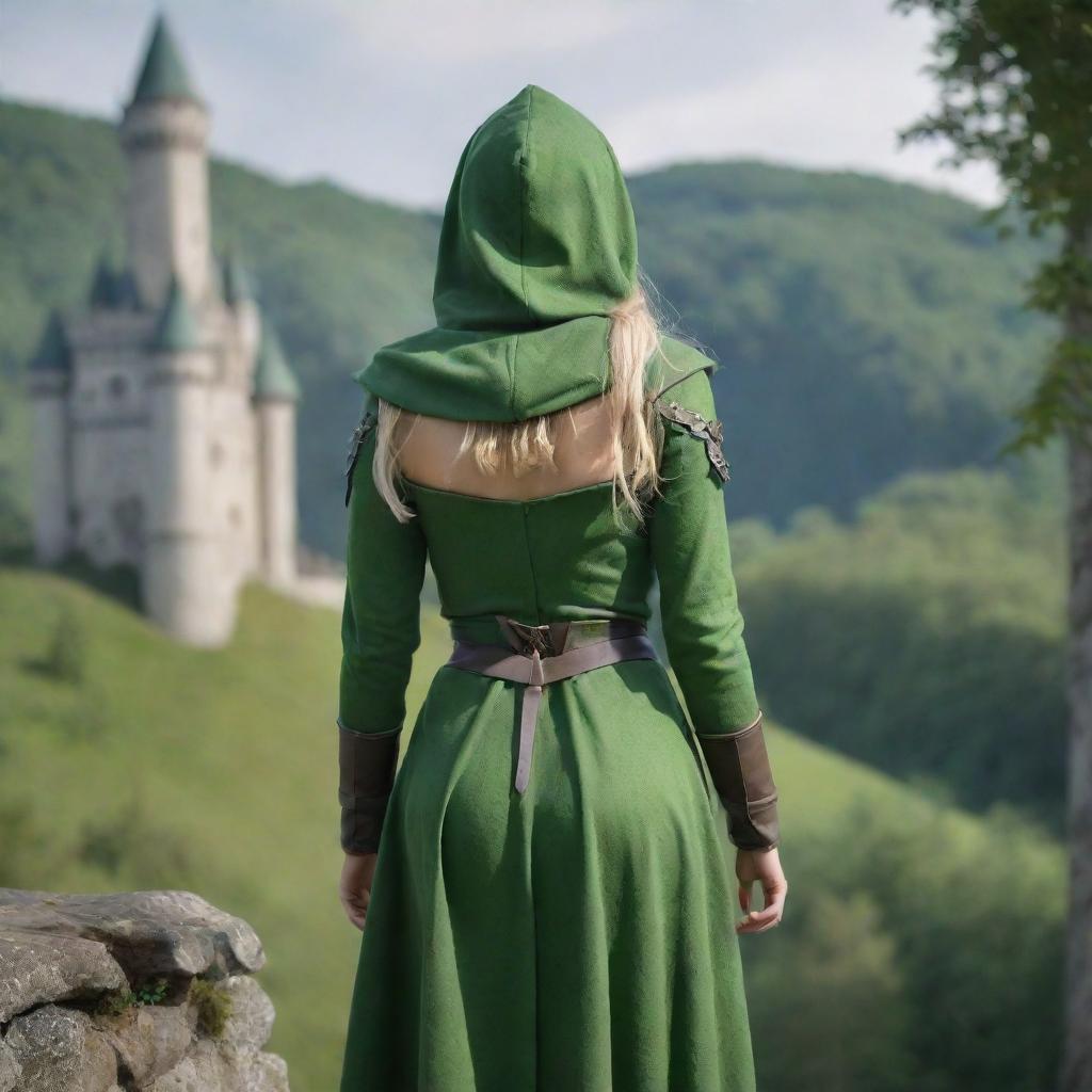 medieval hooded beatifull, bigb boobs, sexy full body, blonde elf girl, 23 years old, with arrows and bow his back, green clothes ,front with castle and forest background charmOfTheRealm, realistic hd, high detailed,