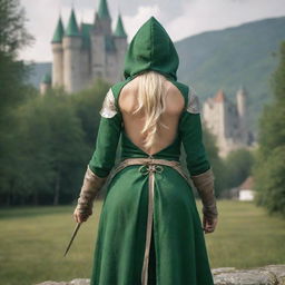 medieval hooded beatifull, bigb boobs, sexy full body, blonde elf girl, 23 years old, with arrows and bow his back, green clothes ,front with castle and forest background charmOfTheRealm, realistic hd, high detailed,