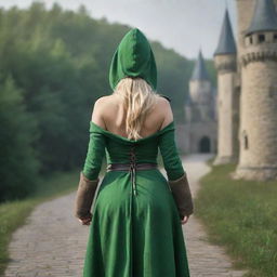 medieval hooded beatifull, bigb boobs, sexy full body, blonde elf girl, 23 years old, with arrows and bow his back, green clothes ,front with castle and forest background charmOfTheRealm, realistic hd, high detailed,