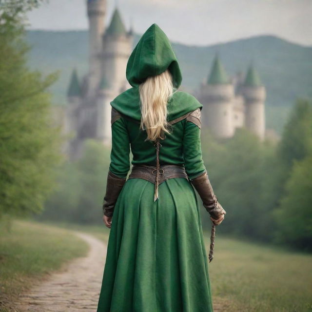 medieval hooded beatifull, bigb boobs, sexy full body, blonde elf girl, 23 years old, with arrows and bow his back, ass green clothes ,front with castle and forest background charmOfTheRealm, realistic hd, high detailed,