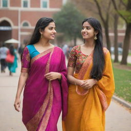 A side-view of two South Asian college girls walking together, draped in vibrant, traditional attire, amidst a bustling college campus.