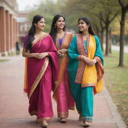 A side-view of two South Asian college girls walking together, draped in vibrant, traditional attire, amidst a bustling college campus.