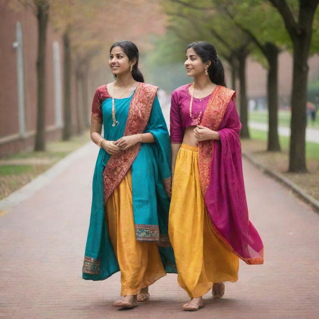 A side-view of two South Asian college girls walking together, draped in vibrant, traditional attire, amidst a bustling college campus.