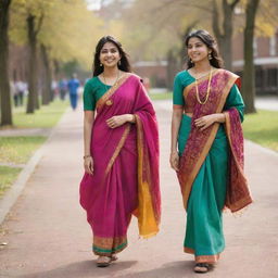 A side-view of two South Asian college girls walking together, draped in vibrant, traditional attire, amidst a bustling college campus.