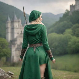 medieval hooded beatifull, bigb boobs, sexy full body, blonde elf girl, 23 years old, with arrows and bow his back, ass green clothes ,front with castle and forest background charmOfTheRealm, realistic hd, high detailed,