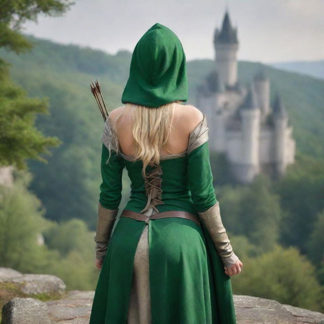 medieval hooded beatifull, bigb boobs, sexy full body, blonde elf girl, 23 years old, with arrows and bow his back, ass green clothes ,front with castle and forest background charmOfTheRealm, realistic hd, high detailed,