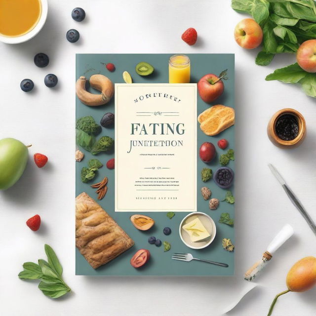 A high-quality digital art image depicting the cover of a book titled 'Eating with Intention: A Journal of Prompts for Nourishing Meals'