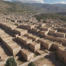 Create an engaging visual animation of the village Tubusuptu, Béjaïa, Algeria, encapsulating the charm of its buildings, the distinct topography, and the overall atmosphere.