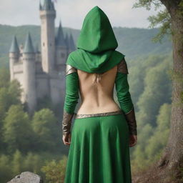 medieval hooded beatifull, bigb boobs, sexy full body, blonde elf girl, 23 years old, with arrows and bow his back, ass green clothes ,front with castle and forest background charmOfTheRealm, realistic hd, high detailed,