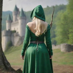 medieval hooded beatifull, bigb boobs, sexy full body, blonde elf girl, 23 years old, with arrows and bow his back, ass green clothes ,front with castle and forest background charmOfTheRealm, realistic hd, high detailed,