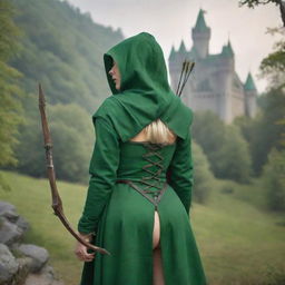 medieval hooded beatifull, bigb boobs, sexy full body, blonde elf girl, 23 years old, with arrows and bow his back, ass green clothes ,front with castle and forest background charmOfTheRealm, realistic hd, high detailed,