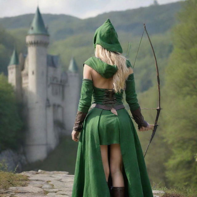 medieval hooded beatifull, bigb boobs, sexy full body, blonde elf girl, 23 years old, with arrows and bow his back, ass green clothes ,front with castle and forest background charmOfTheRealm, realistic hd, high detailed,