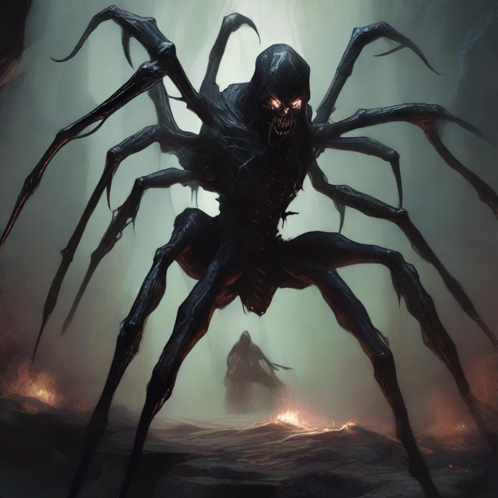 A high-quality digital art piece, capturing the menacing figure of a Drider from DND 5e