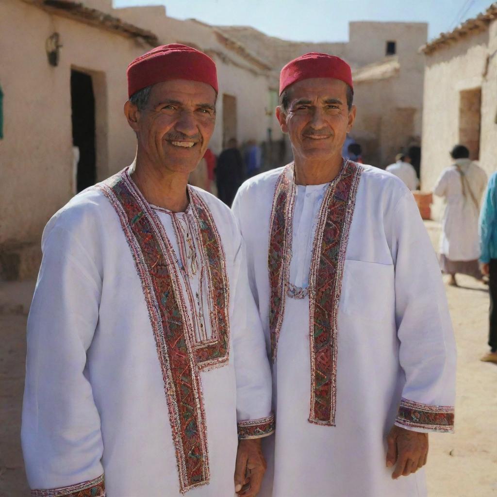 Generate a vibrant visual animation detailing the people of the village Tubusuptu, Béjaïa, Algeria, with their traditional attire, lifestyle, and cultural expressions.