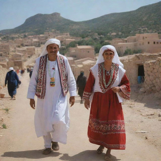 Generate a vibrant visual animation detailing the people of the village Tubusuptu, Béjaïa, Algeria, with their traditional attire, lifestyle, and cultural expressions.