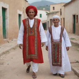 Generate a vibrant visual animation detailing the people of the village Tubusuptu, Béjaïa, Algeria, with their traditional attire, lifestyle, and cultural expressions.