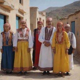 Generate a vibrant visual animation detailing the people of the village Tubusuptu, Béjaïa, Algeria, with their traditional attire, lifestyle, and cultural expressions.