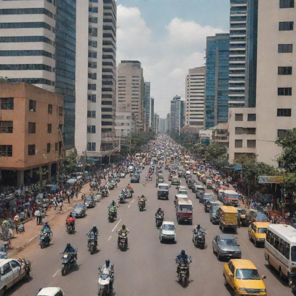 A bustling Nairobi street, the Kenyan capital, featuring Boda Boda motorbike taxis weaving through traffic, against the backdrop of tall, modern skyscrapers