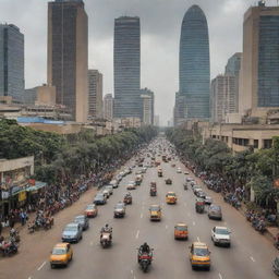 A bustling Nairobi street, the Kenyan capital, featuring Boda Boda motorbike taxis weaving through traffic, against the backdrop of tall, modern skyscrapers