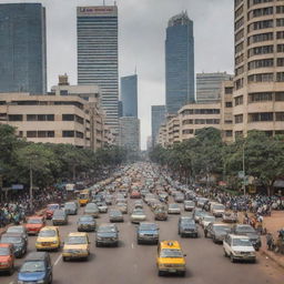 A bustling Nairobi street, the Kenyan capital, featuring Boda Boda motorbike taxis weaving through traffic, against the backdrop of tall, modern skyscrapers