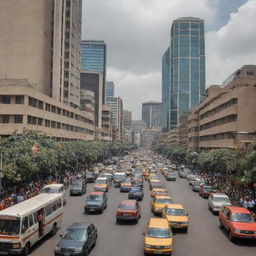 A bustling Nairobi street, the Kenyan capital, featuring Boda Boda motorbike taxis weaving through traffic, against the backdrop of tall, modern skyscrapers