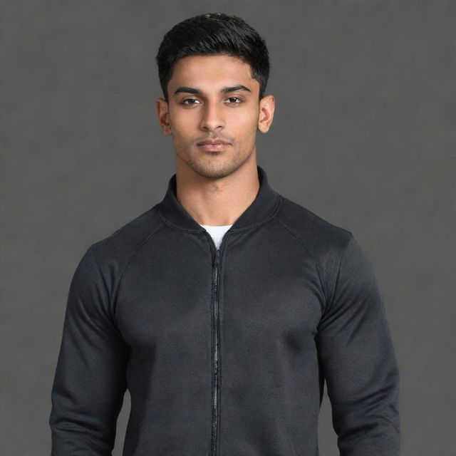 Render a muscular, athletic Indian male, 23 years old, 5 foot 10 inches tall with a 105cm waist, 46cm chest, and 14-inch biceps. He has an army-style haircut, black hair, black eyes, and a rectangular body shape. He is wearing a track suit.