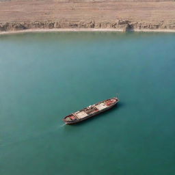 An Iraqi football field transformed into a large ship, majestically set in the middle of a serene lake.