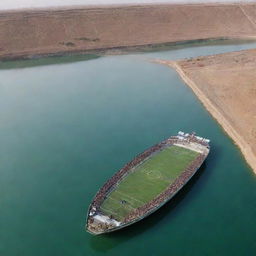 An Iraqi football field transformed into a large ship, majestically set in the middle of a serene lake.