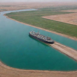 An Iraqi football field transformed into a large ship, majestically set in the middle of a serene lake.