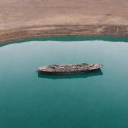 An Iraqi football field transformed into a large ship, majestically set in the middle of a serene lake.