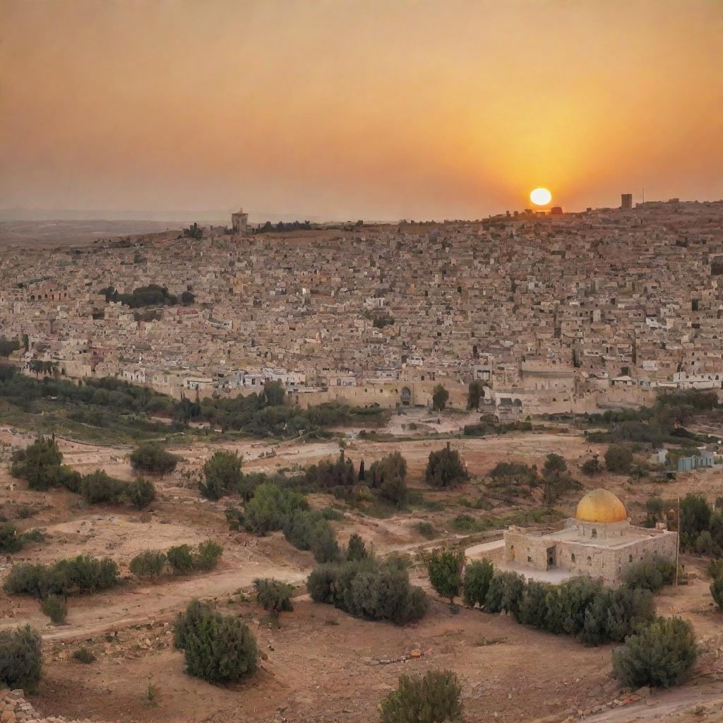 A scene displaying the cultural beauty of Palestine with its iconic architecture, vibrant markets, lush olive groves, and the warm sunset casting a golden hue over the landscape.