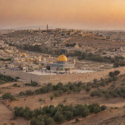 A scene displaying the cultural beauty of Palestine with its iconic architecture, vibrant markets, lush olive groves, and the warm sunset casting a golden hue over the landscape.