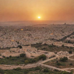 A scene displaying the cultural beauty of Palestine with its iconic architecture, vibrant markets, lush olive groves, and the warm sunset casting a golden hue over the landscape.