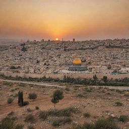 A scene displaying the cultural beauty of Palestine with its iconic architecture, vibrant markets, lush olive groves, and the warm sunset casting a golden hue over the landscape.