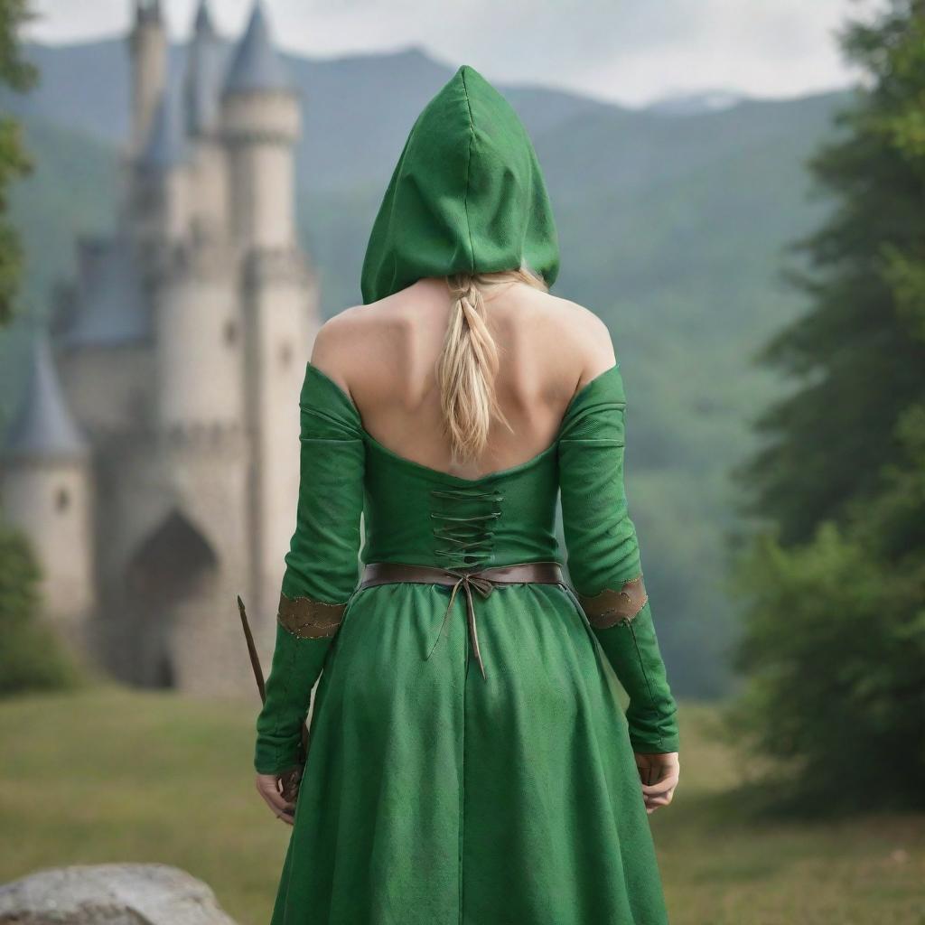 medieval hooded beatifull, bigb boobs, sexy full body, blonde elf girl, 23 years old, with arrows and bow his back, ass green clothes ,front with castle and forest background charmOfTheRealm, realistic hd, high detailed,