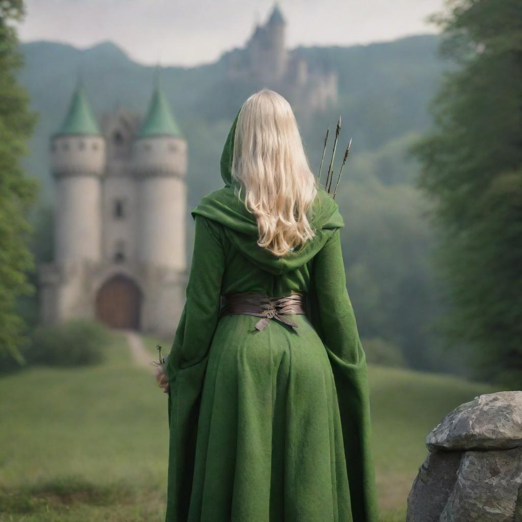 medieval hooded beatifull, bigb boobs, sexy full body, blonde elf girl, 23 years old, with arrows and bow his back, ass green clothes ,front with castle and forest background charmOfTheRealm, realistic hd, high detailed,