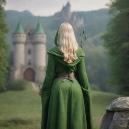 medieval hooded beatifull, bigb boobs, sexy full body, blonde elf girl, 23 years old, with arrows and bow his back, ass green clothes ,front with castle and forest background charmOfTheRealm, realistic hd, high detailed,