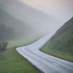 Misty, atmospheric roads winding through a serene landscape