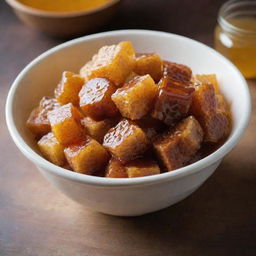 A bowl filled with Shahd honeycomb, a Middle Eastern delicacy, thinly glazed with honey under soft, natural light