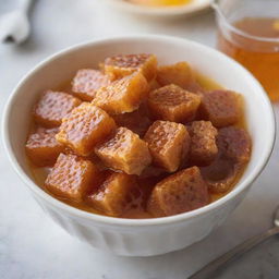 A bowl filled with Shahd honeycomb, a Middle Eastern delicacy, thinly glazed with honey under soft, natural light