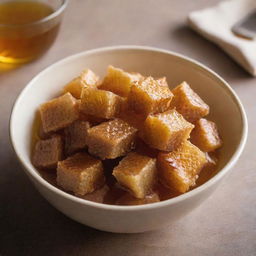 A bowl filled with Shahd honeycomb, a Middle Eastern delicacy, thinly glazed with honey under soft, natural light