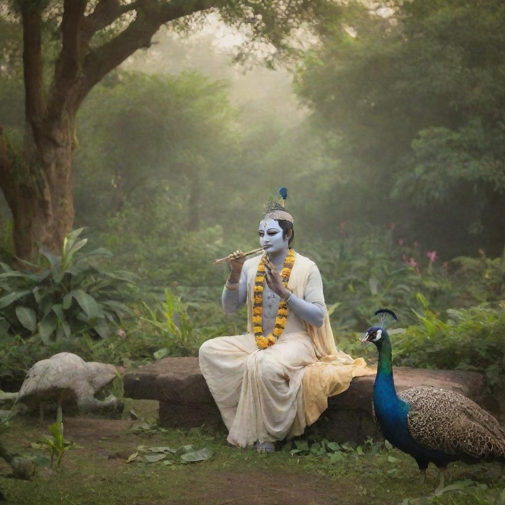 A serene image of Krishna in the lush gardens of Vrindavan, playing his ethereal flute with peacocks around him.